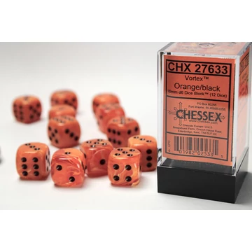 Dobókocka - Chessex d6 (16 mm) kockablokk Vortex Orange w/black (12 db-os szett)