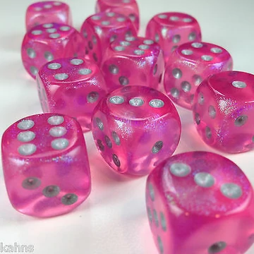 Dobókocka - Chessex Borealis d6 (16 mm) kockablokk Pink/Silver Luminary (12 db-os szett)