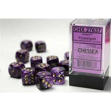 Dobókocka - Chessex d6 (16 mm) kockablokk Vortex Purple w/gold (12 db-os szett)