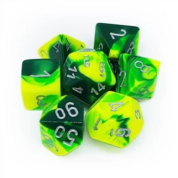 Dobókocka - Chessex Gemini Green-Yellow w/silver (7 db-os szett)