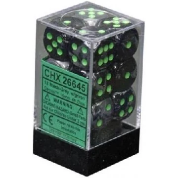 Dobókocka - Chessex d6 (16 mm) kockablokk Black-Grey w/green (12 db-os szett)