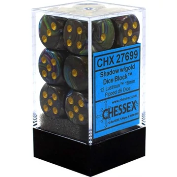 Dobókocka - Chessex d6 (16 mm) kockablokk Lustrous Shadow w/gold (12 db-os szett)