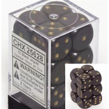 Dobókocka - Chessex d6 (16 mm) kockablokk Black w/gold (12 db-os szett)