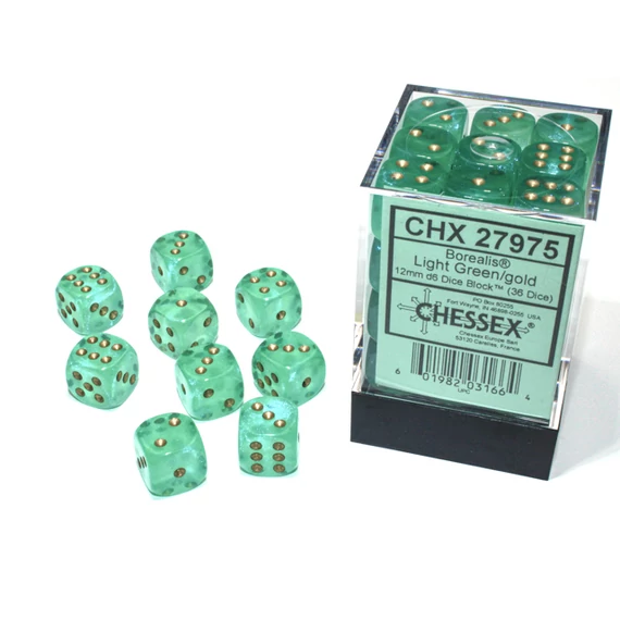 Dobókocka - Chessex Borealis d6 (12 mm) kockablokk Light Green/gold Luminary (36 db-os szett)