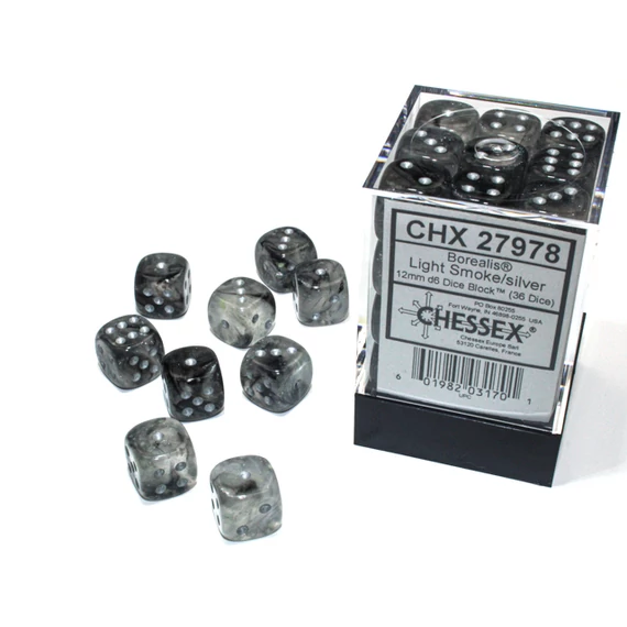 Dobókocka - Chessex Borealis d6 (12 mm) kockablokk Light Smoke/silver Luminary (36 db-os szett)