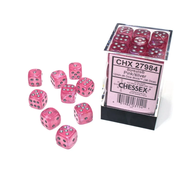 Dobókocka - Chessex Borealis d6 (12 mm) kockablokk Pink/silver Luminary (36 db-os szett)