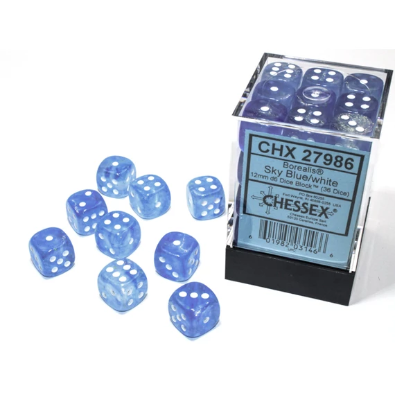 Dobókocka - Chessex Borealis d6 (12 mm) kockablokk Sky Blue/white Luminary (36 db-os szett)