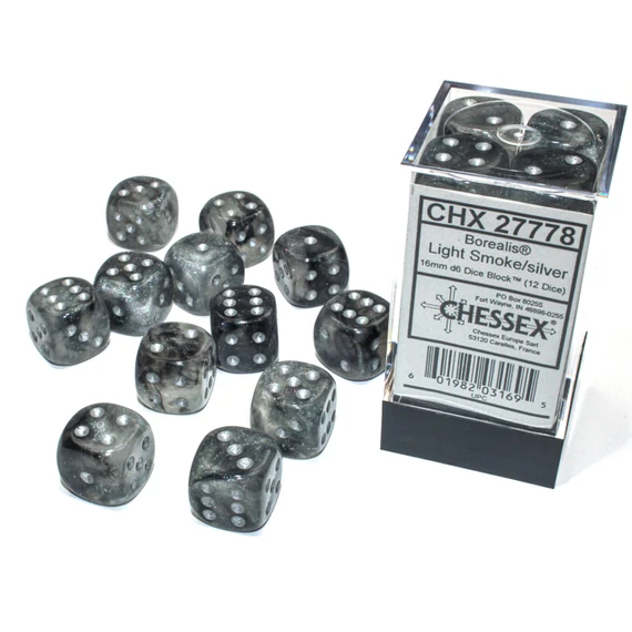 Dobókocka - Chessex Borealis d6 (16 mm) kockablokk Light Smoke/silver (12 dice)