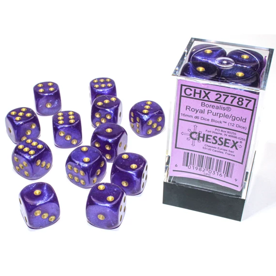 Dobókocka - Chessex Borealis d6 (16 mm) kockablokk Royal Purple/gold (12 dice)