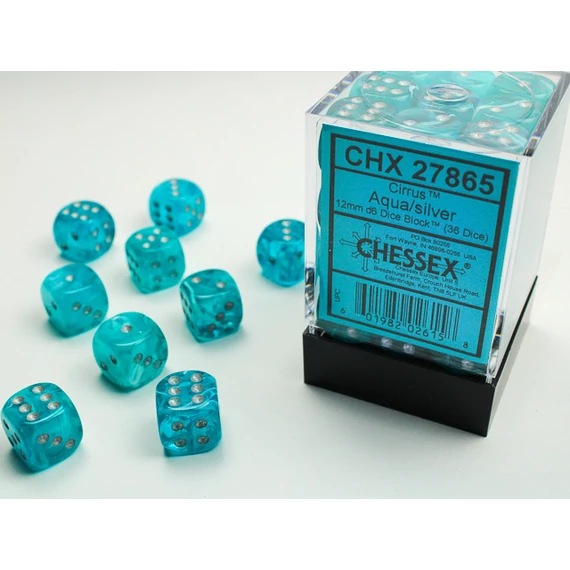 Dobókocka - Chessex Cirrus d6 (12 mm) kockablokk Aqua/silver (36 db-os szett)
