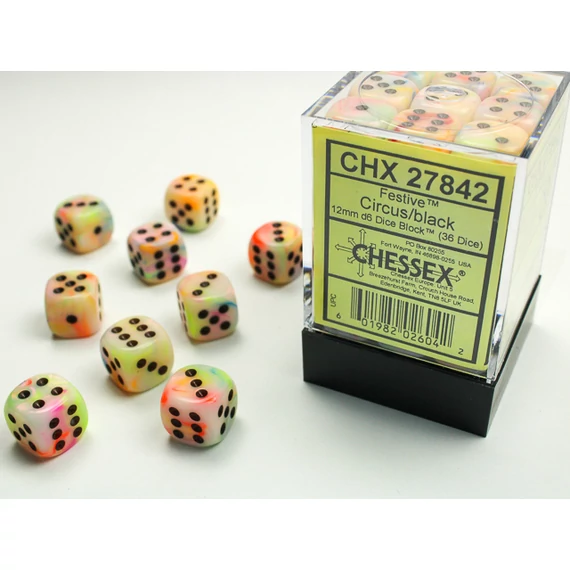 Dobókocka - Chessex Festive d6 (12 mm) kockablokk Circus/black (36 db-os szett)