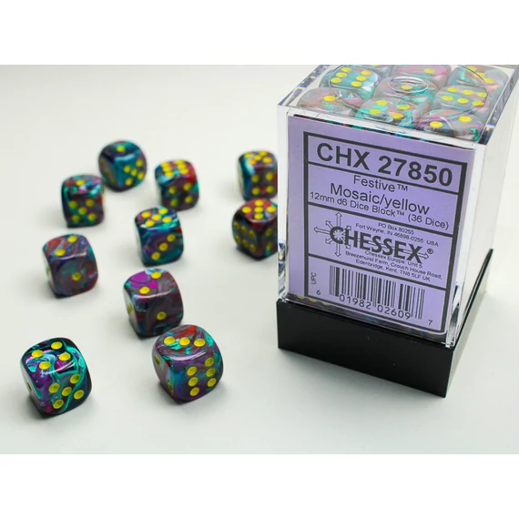 Dobókocka - Chessex Festive d6 (12 mm) kockablokk Mosaic/yellow (36 db-os szett)