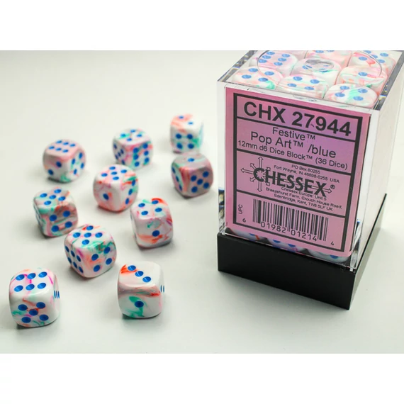 Dobókocka - Chessex Festive d6 (12 mm) kockablokk Pop Art/blue (36 db-os szett)