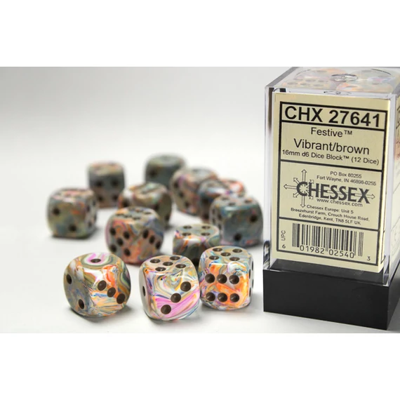 Dobókocka - Chessex d6 (16 mm) kockablokk Festive Vibrant/brown (12 db-os szett)