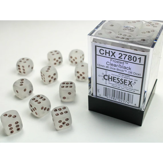 Dobókocka - Chessex Frosted d6 (12 mm) kockablokk Clear/black (36 db-os szett)