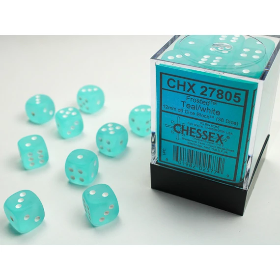 Dobókocka - Chessex Frosted d6 (12 mm) kockablokk Teal/white (36 db-os szett)