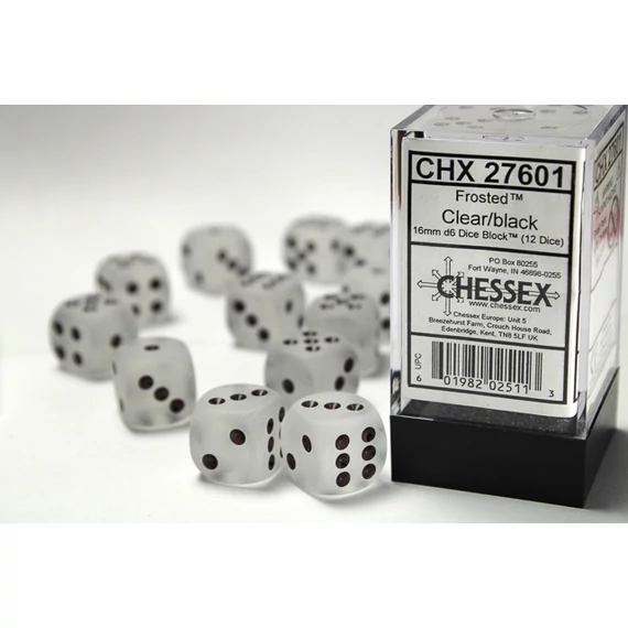 Dobókocka - Chessex d6 (16 mm) kockablokk Frosted Clear w/black (12 db-os szett)