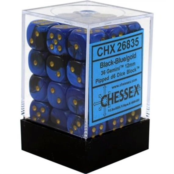 Dobókocka - Chessex Gemini d6 (12 mm) kockablokk Black-Blue/gold (36 db-os szett)