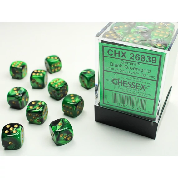Dobókocka - Chessex Gemini d6 (12 mm) kockablokk Black-Green/gold (36 db-os szett)