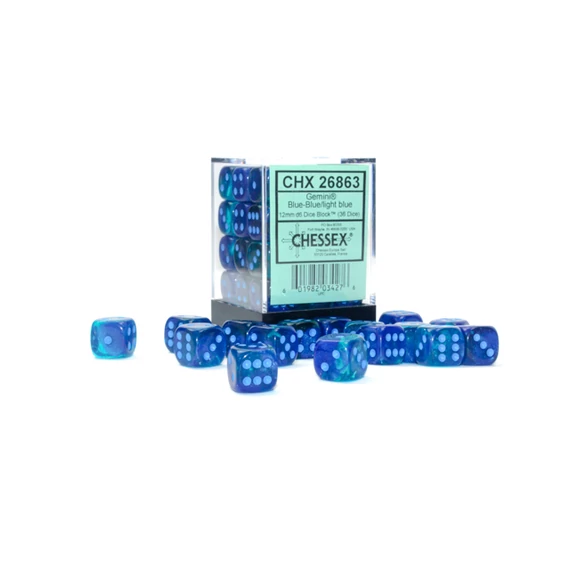 Dobókocka - Chessex Gemini d6 (12 mm) kockablokk Blue-Blue/light blue (36 db-os szett)