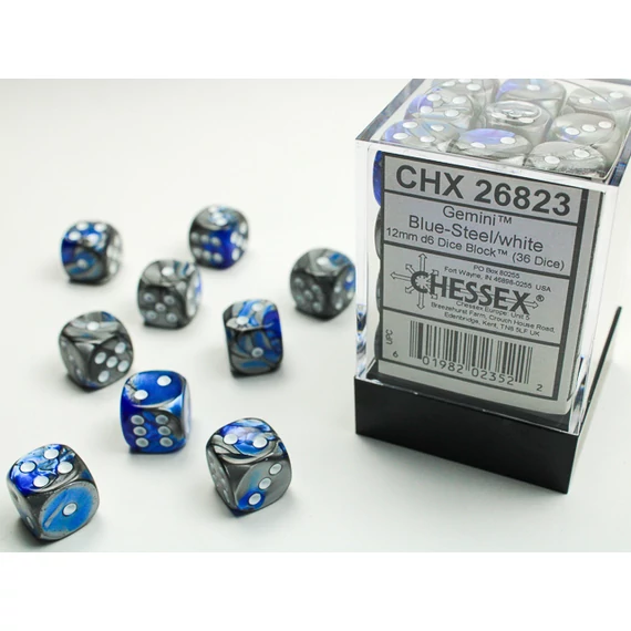 Dobókocka - Chessex Gemini d6 (12 mm) kockablokk Blue-Steel/white (36 db-os szett)