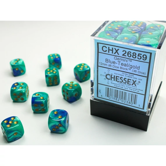 Dobókocka - Chessex Gemini d6 (12 mm) kockablokk Blue-Teal/gold (36 db-os szett)