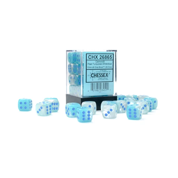 Dobókocka - Chessex Gemini d6 (12 mm) kockablokk Pearl Turquoise-White/blue Luminary (36 db-os szett)