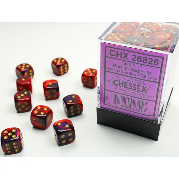 Dobókocka - Chessex Gemini d6 (12 mm) kockablokk Purple-Red/gold (36 db-os szett)