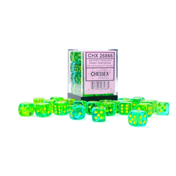 Dobókocka - Chessex Gemini d6 (12 mm) kockablokk Translucent Green-Teal/yellow (36 db-os szett)