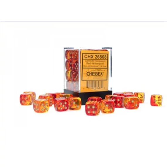 Dobókocka - Chessex Gemini d6 (12 mm) kockablokk Translucent Red-Yellow/gold (36 db-os szett)