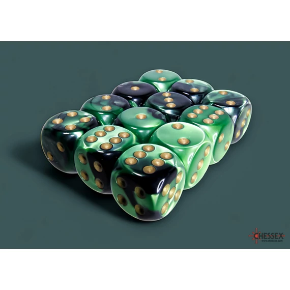 Dobókocka - Chessex Gemini d6 (16 mm) kockablokk Black-Green/gold (12 db-os szett)