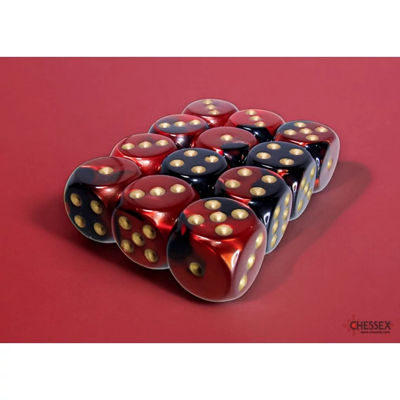 Dobókocka - Chessex Gemini d6 (16 mm) kockablokk Black-Red w/gold (12 db-os szett)