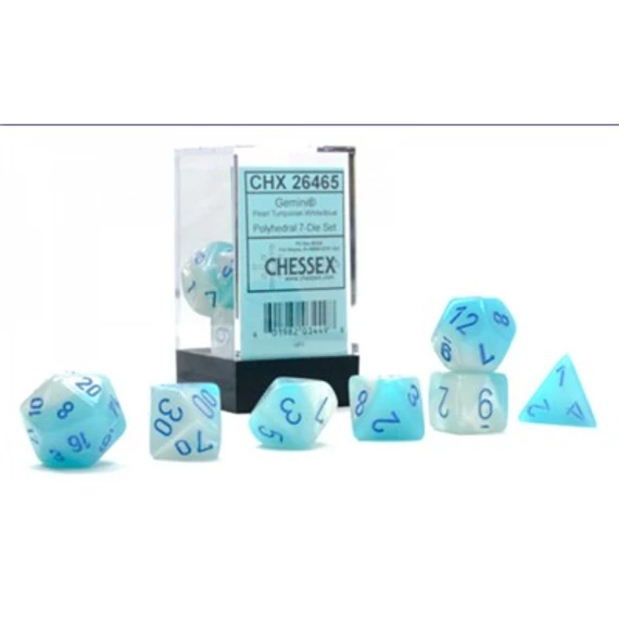 Dobókocka - Chessex Gemini Pearl Turquoise-White/blue (7 db-os szett)