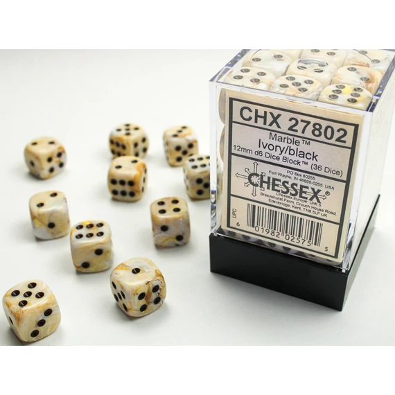 Dobókocka - Chessex Marble d6 (12 mm) kockablokk Ivory/black (36 db-os szett)
