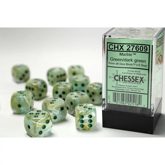 Dobókocka - Chessex d6 (16 mm) kockablokk Marble Green w/dark green  (12 db-os szett)
