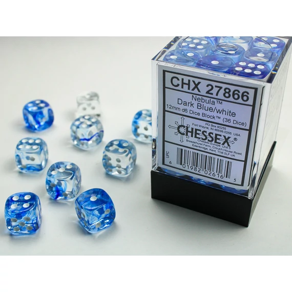 Dobókocka - Chessex Nebula d6 (12 mm) kockablokk Dark Blue/white (36 db-os szett)