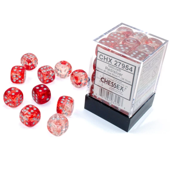 Dobókocka - Chessex Nebula d6 (12 mm) kockablokk Red/silver (36 db-os szett)