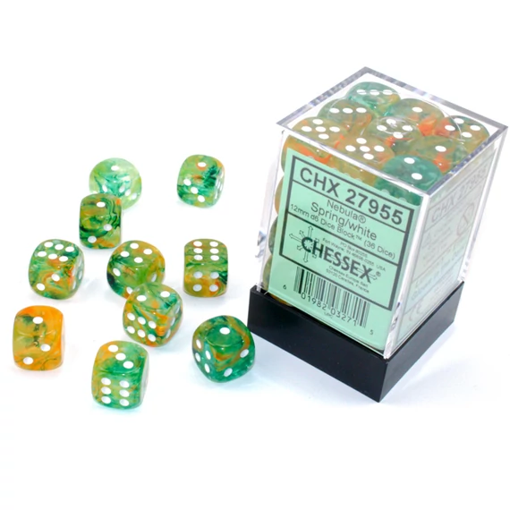 Dobókocka - Chessex Nebula d6 (12 mm) kockablokk Spring/white (36 db-os szett)