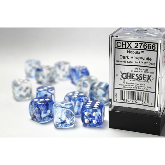Dobókocka - Chessex d6 (16 mm) kockablokk Nebula Dark Blue w/white (12 db-os szett)