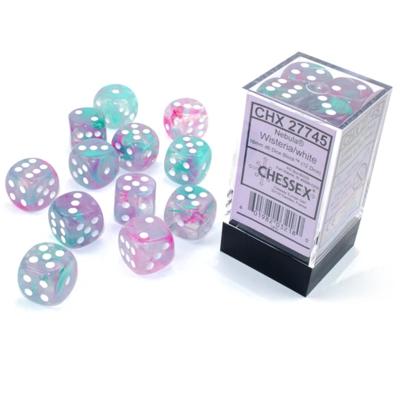 Dobókocka - Chessex d6 (16 mm) kockablokk Nebula Wisteria/White (12 db-os szett)