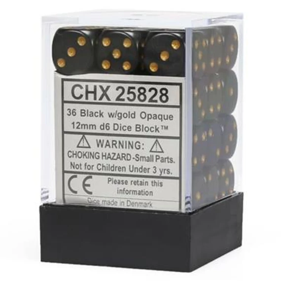 Dobókocka - Chessex Opaque d6 (12 mm) kockablokk Black/gold (36 db-os szett)