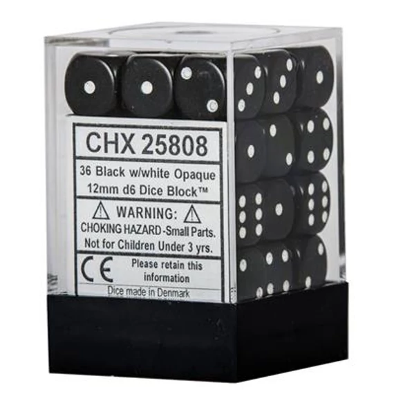 Dobókocka - Chessex Opaque d6 (12 mm) kockablokk Black w/white (36 db-os szett)