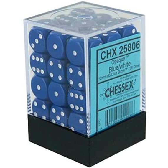 Dobókocka - Chessex Opaque d6 (12 mm) kockablokk Blue/white (36 db-os szett)