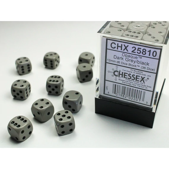 Dobókocka - Chessex Opaque d6 (12 mm) kockablokk Dark Grey/black (36 db-os szett)