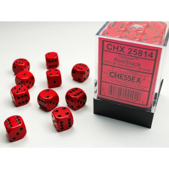 Dobókocka - Chessex Opaque d6 (12 mm) kockablokk Red/black (36 db-os szett)