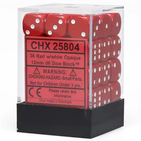 Dobókocka - Chessex Opaque d6 (12 mm) kockablokk Red/white (36 db-os szett)