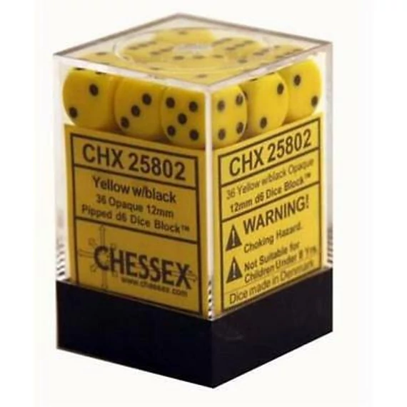 Dobókocka - Chessex Opaque d6 (12 mm) kockablokk Yellow w/black (36 db-os szett)