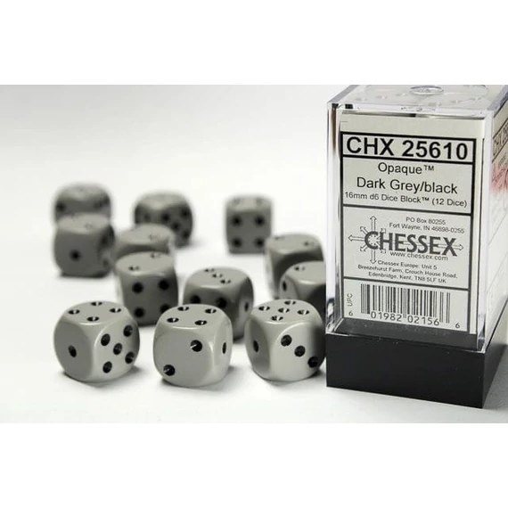 Dobókocka - Chessex Opaque d6 (16 mm) kockablokk Dark Grey/black (12 db-os szett)