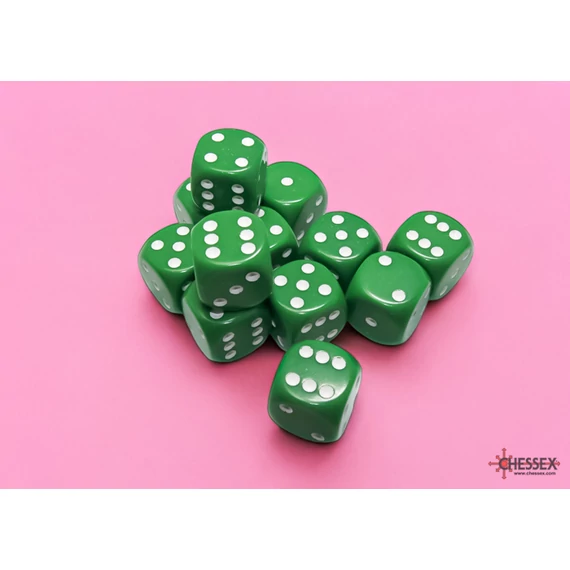 Dobókocka - Chessex Opaque d6 (16 mm) kockablokk Green/white (12 db-os szett)