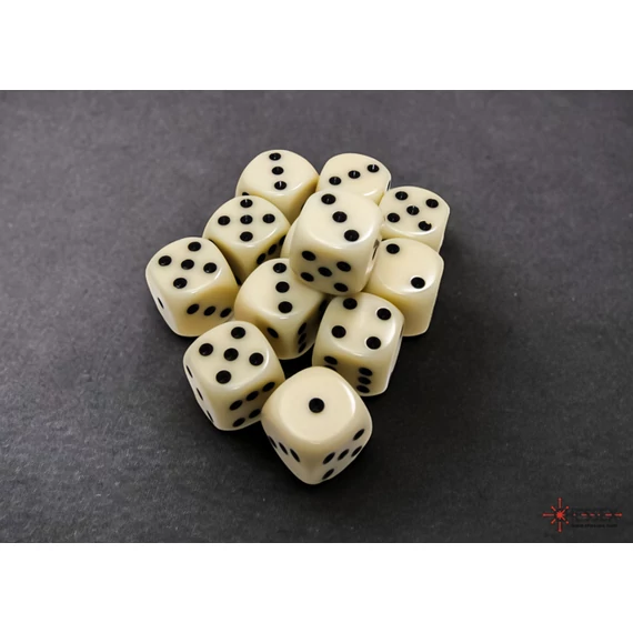 Dobókocka - Chessex Opaque d6 (16 mm) kockablokk Ivory/black (12 db-os szett)